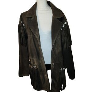 VTG High Noon Leather Fringe Jacket Brown Western  Buttons Mens L / Unisex